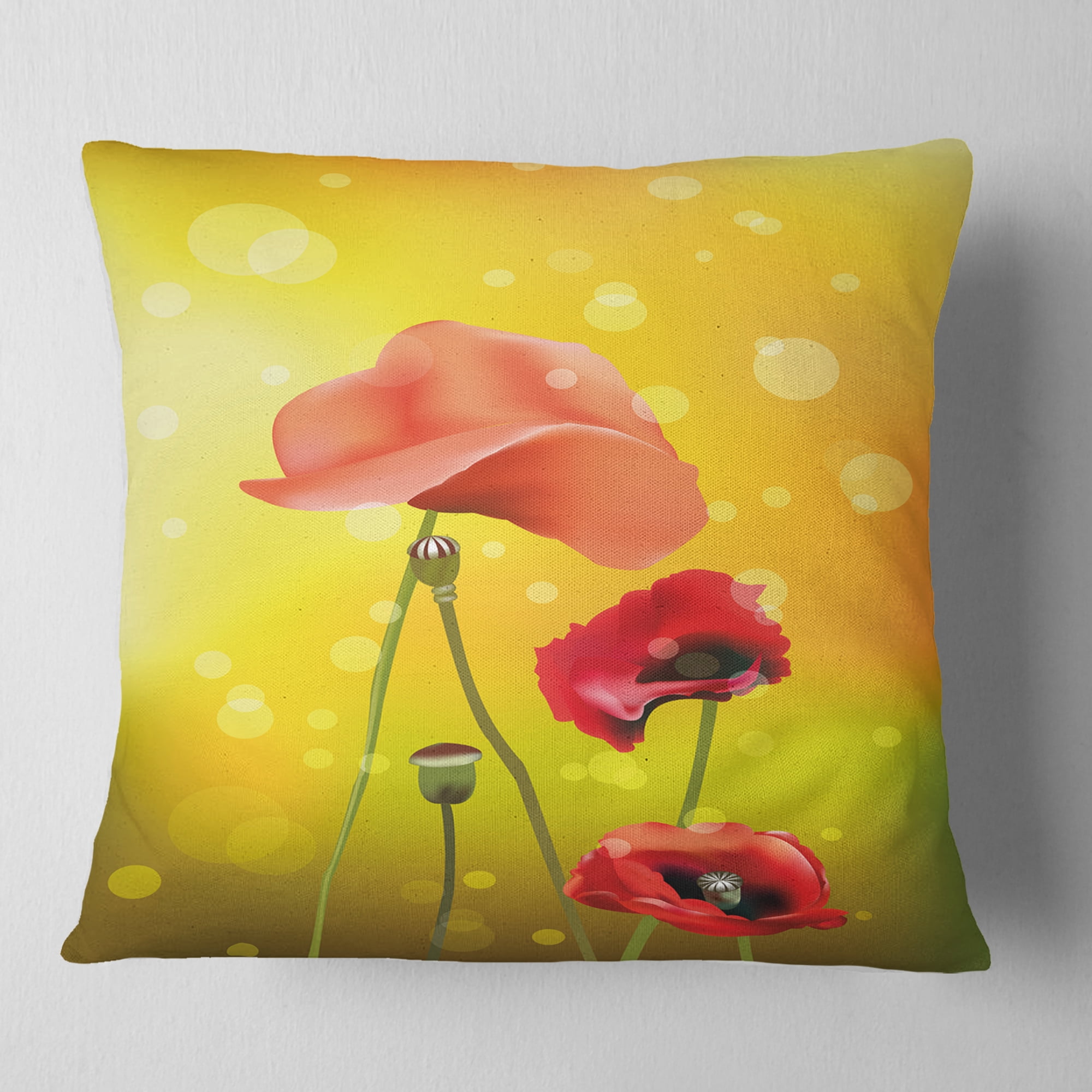 Designart Red Flowers on Yellow Background - Floral Throw Pillow - 16x16