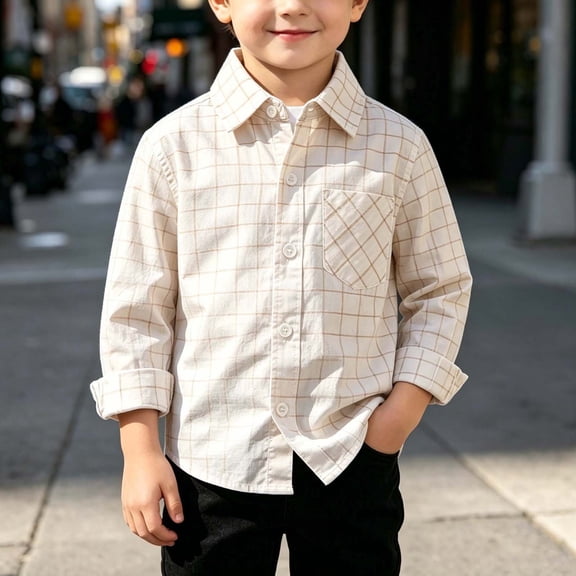 BaoFuBaoMei Button down Shirt Boys Girls Back to School Plaid Long Sleeve Tops with Pockets Slim Collared Fall Outfits for School Daily Wear Outdoor
