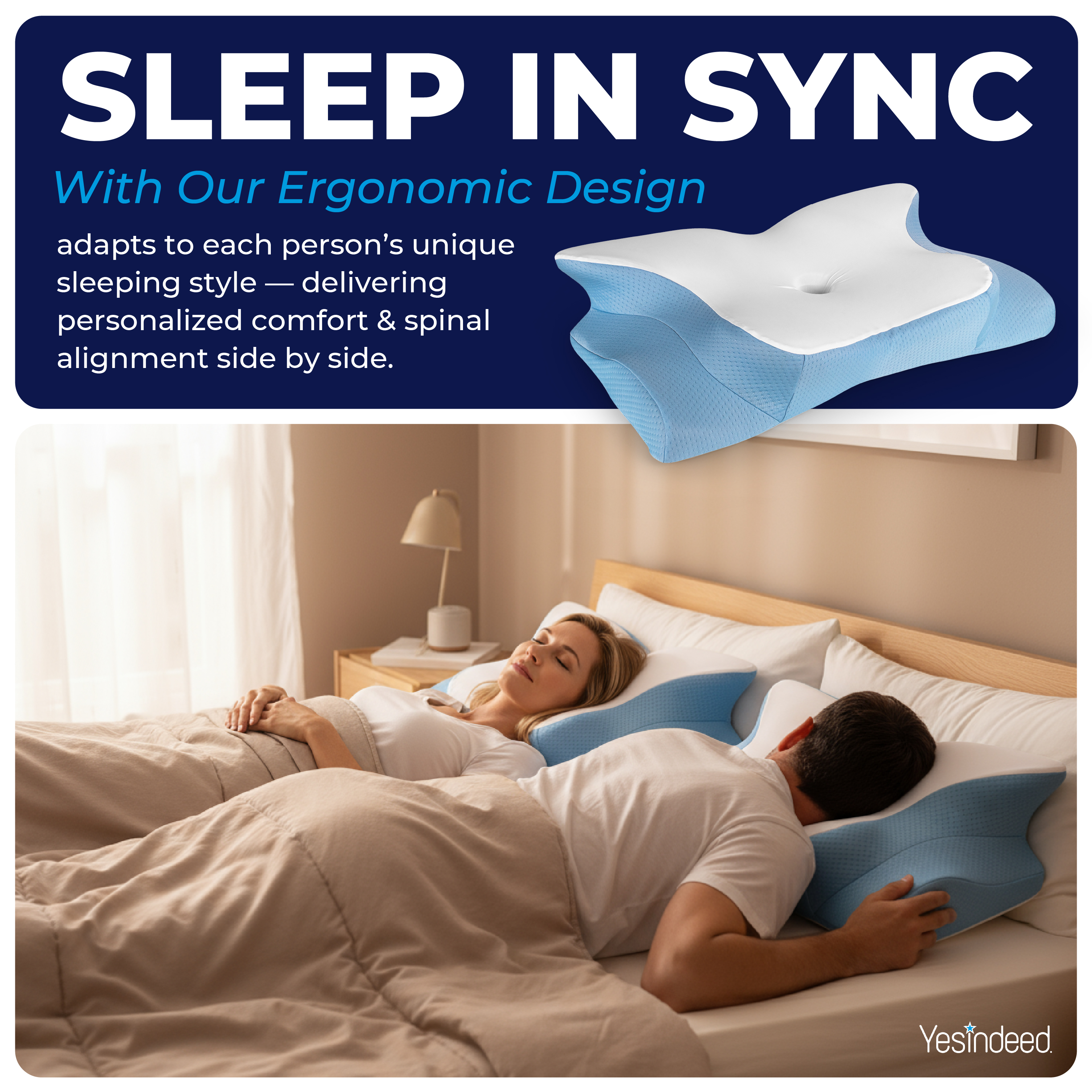 YESINDEED Pain Relief Cooling Pillow - Cervical Neck Support for Sleeping (Blue & White)
