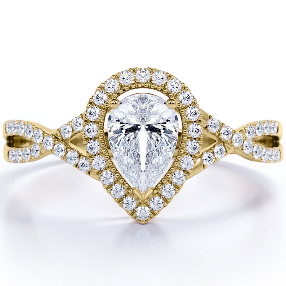 JeenMata Milgrain Halo 1.75 Carat Pear Cut Moissanite Infinity Twisted Shank Pave Engagement Ring In 18K Yellow Gold Plating for Women