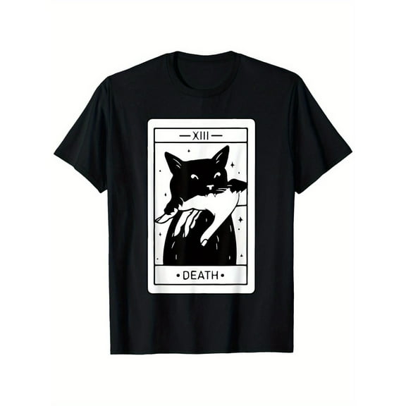 Fashion Graphic Tee,Tops Has Tarot Card Black Cat Print ,Casual Round Neck Regular Fit Tee, Size(S-5XL)