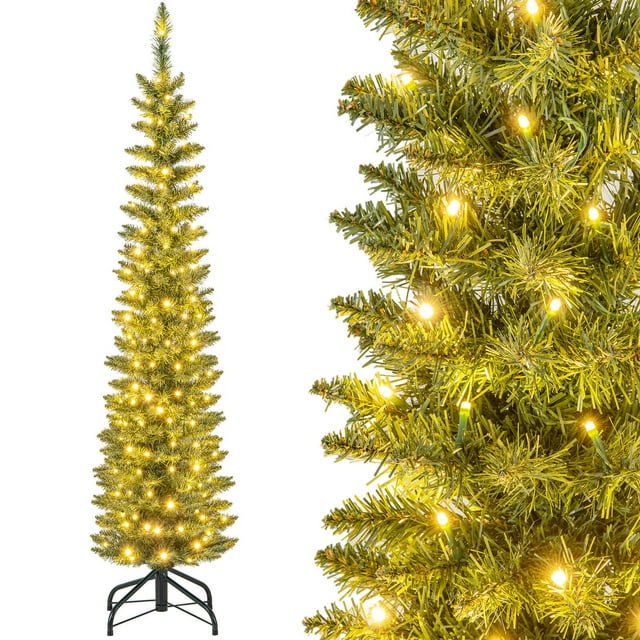 Árbol de Navidad tipo lápiz preiluminado Costway 150 cm con 150 luces LED y 296 puntas de ramas