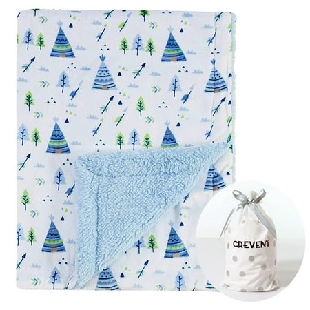 CREVENT Minky Sherpa Warm Baby Blanket for Boys Girls Soft Plush Receiving Blanket for Newborns 30 x40 Blue Christmas Tree