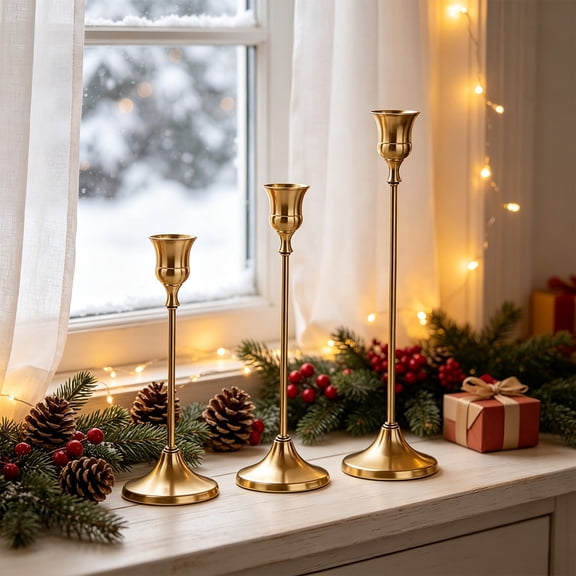 3PCS Vintage Brass Gold Taper Candlestick Holders for Table Decor, Tall Sturdy Metal Build, Fits Pillar Candles, Great for Wedding Fireplace & Dining Centerpieces, Ideal Housewarming Gift