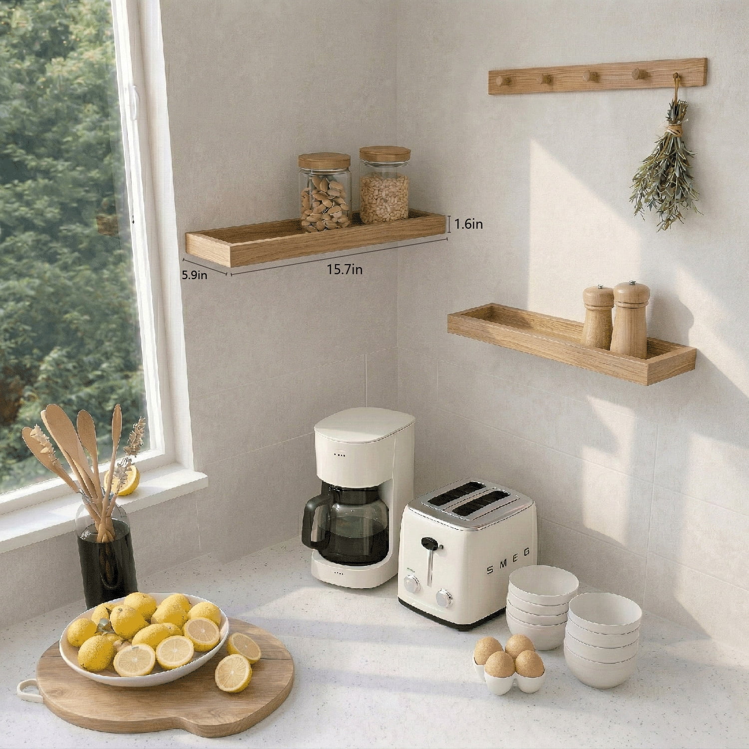Mifurn 15.7" Floating Shelves for Wall, with Raised Lip, Set of 2, Oak
