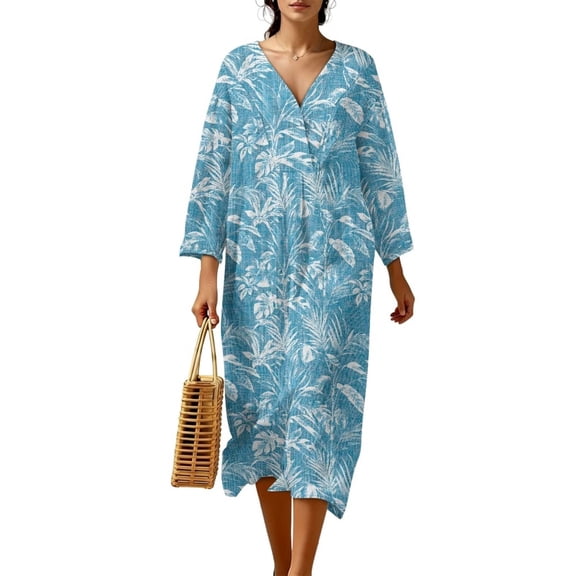 Xixirimido Boho Floral Blue Print Casual Midi Dress 3/4 Sleeve Dress for Women Loose A-Line V Neck Dresses Elegant Tunic Dresses Women Linen Beach Dress 4XL