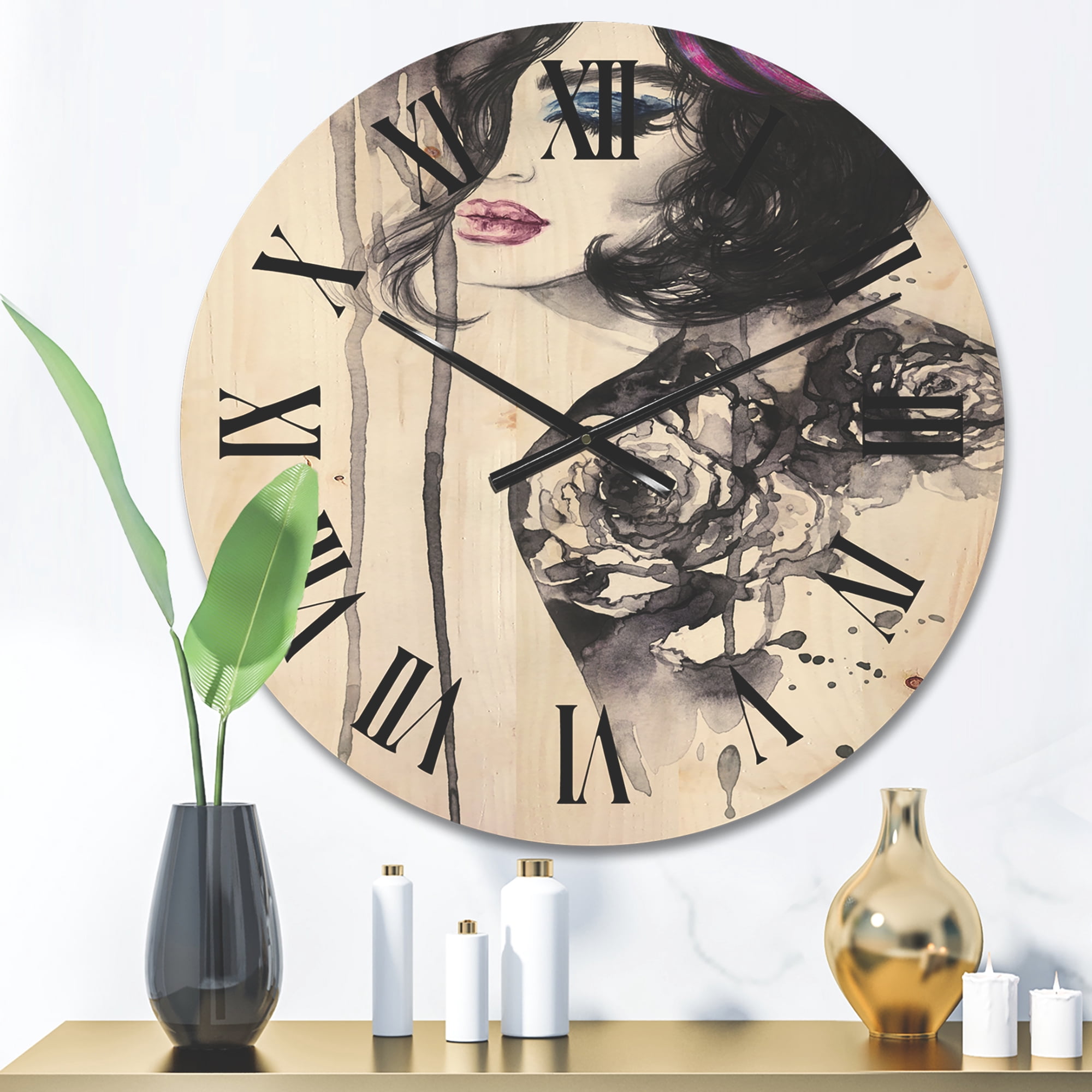 Designart 'Monochrome Female Portrait With Colorful Makeup' Modern Wood Wall Clock