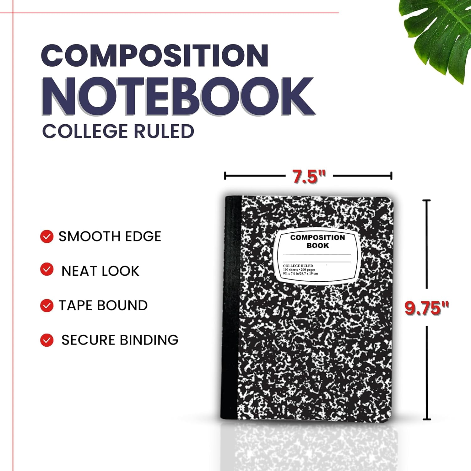 AUKSales Composition Notebook College Ruled Composition Notebooks, Value Pack, 9-3/4" x 7-1/2", Black, 100 Sheets, 3 Count, 3 Pack