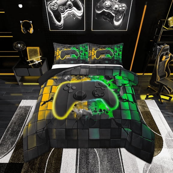 Erosebridal Black Gamepads Bedding Twin Comforter Set,Video Game Down Comforter,Golden Green Bedding Sets Twin with Comforter,Microfiber Gamer Room Decor,Reversible,2-Piece