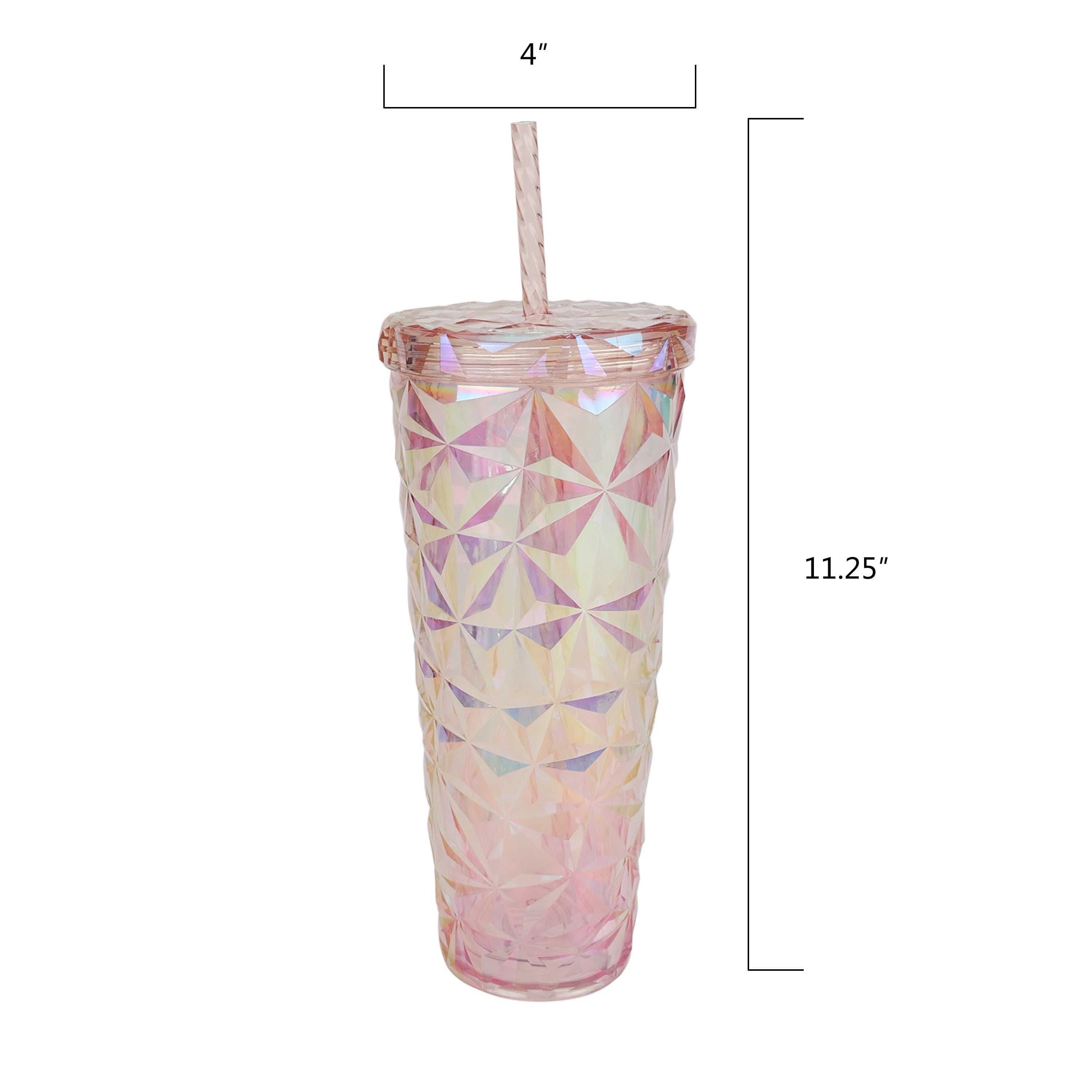 Holiday Time 26 oz Plastic Double Wall Insulated Prismatic Textured Tumbler with Straw, Pink Iridescent