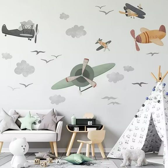 Watercolor Airplane Wall Decals, Classic Aircraft with Stars Clouds Vinyl Wall Stickers,Removable Vintage Airplane Artwork for Kids Boys Bedroom Kindergarten Playroom Decor