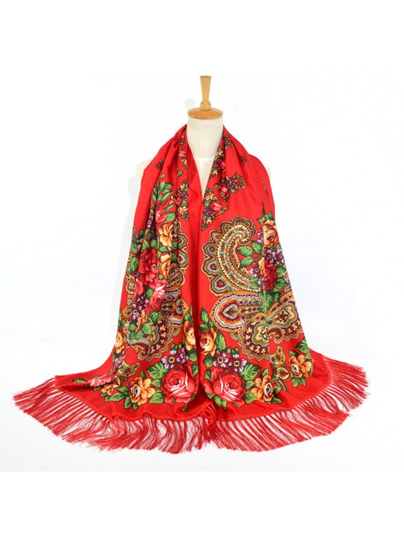 Red Scarf Women Lady Folk-Custom Print tie Tassel Square Scarf Wrap Shawl Travel Scarve