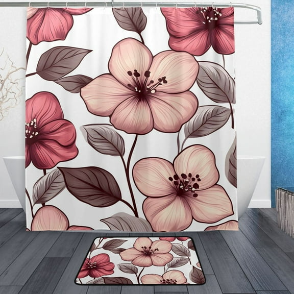 Pink and Brown Flowers 2 Pcs Bathroom Shower Curtain Set with Bath Mat and Shower Curtain 66"x72"