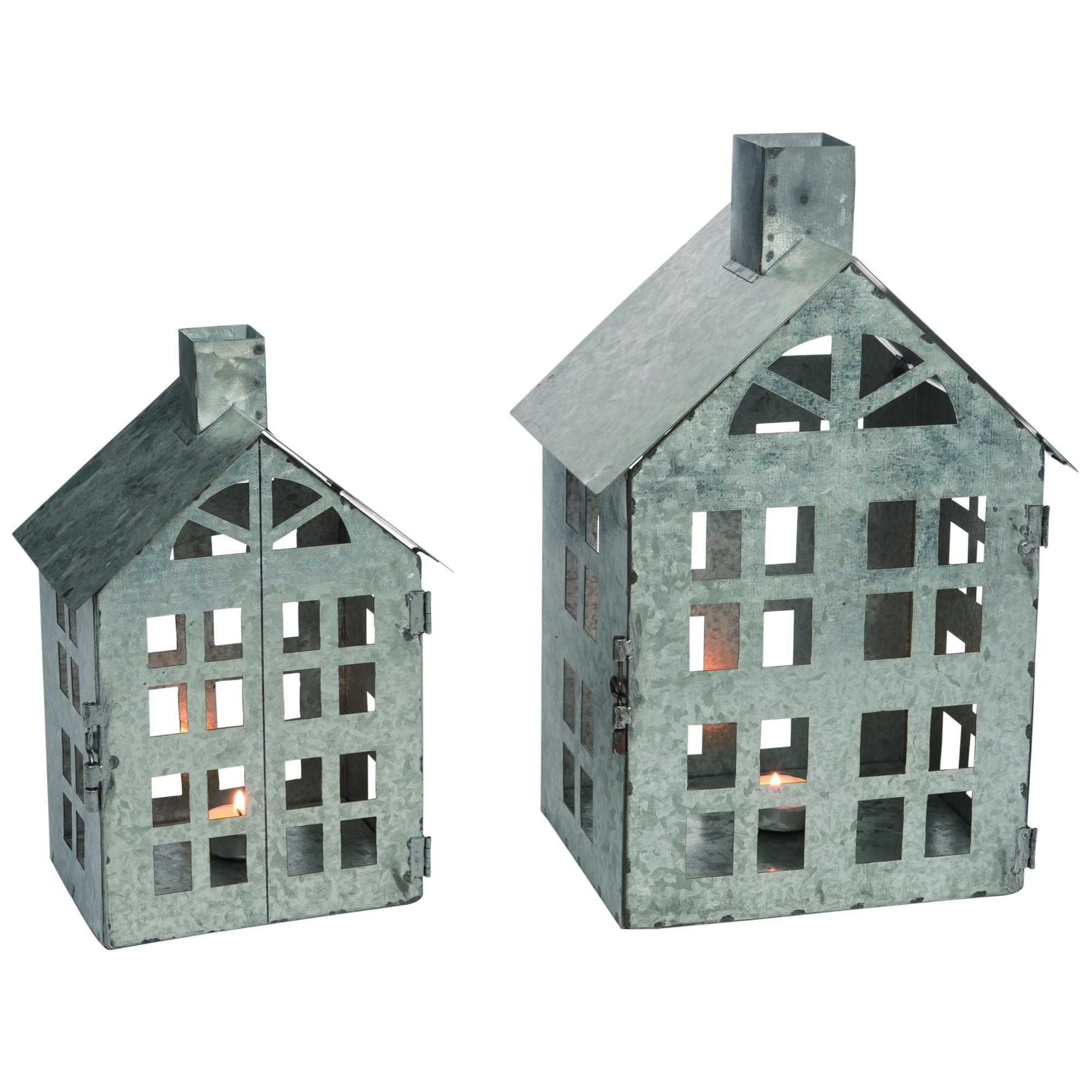 Set of 2 Silver Christmas Galvanized House Candle Holders 13"