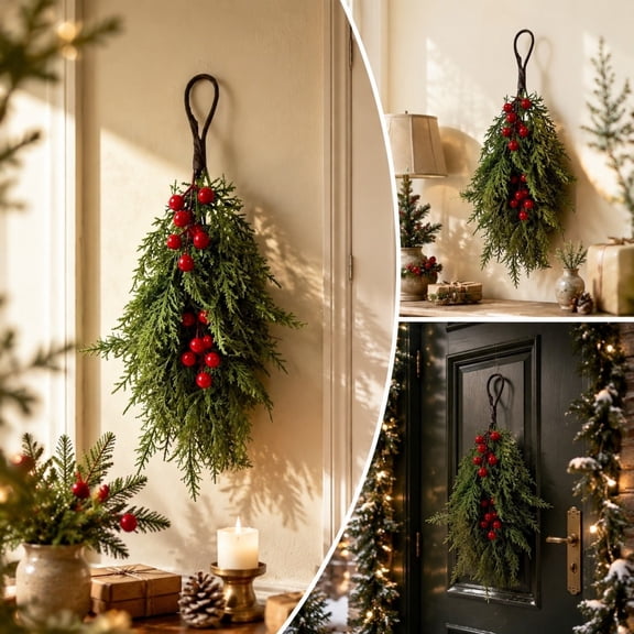 Artificial Christmas pine needles Hanging Swag, Green Faux Evergreen with Red Berries Pinecones Velvet for Front Door Wall Mantel