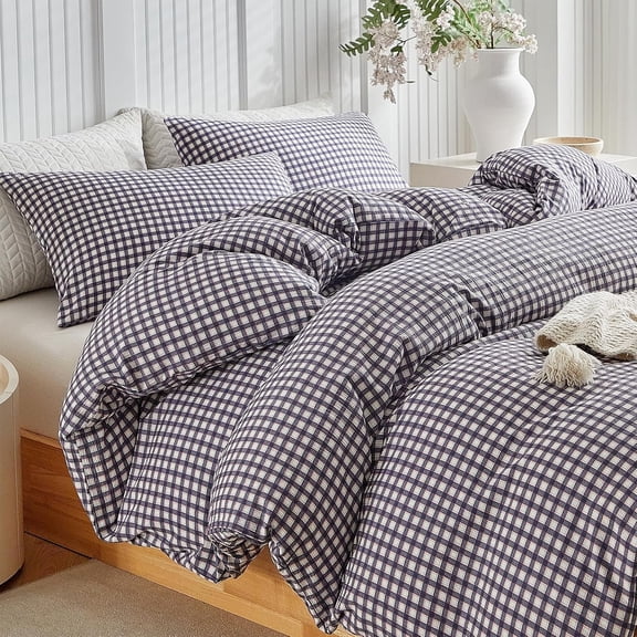Gingham Duvet Cover Set,Navy Checkered Washed Microfiber Comforter Cover Set, 3 count Soft Reversible Grid Bedding Set(Navy,)