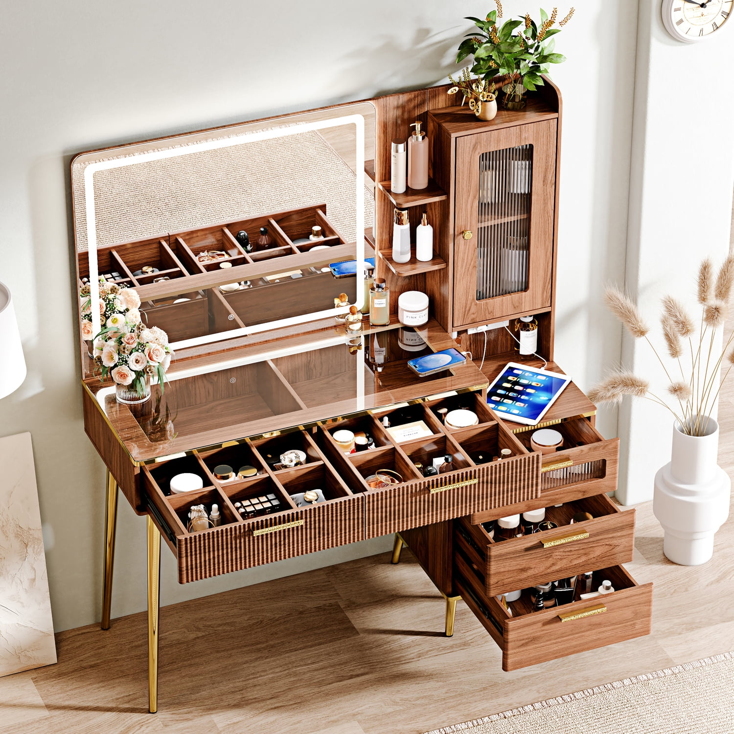 Arulvmrn Vanity Desk with 29.53" HD Lighted Mirror, 47.24" Big Modern Vanity Desk with Mirror and Lights, Makeup Vanity with 5 Drawers and Storage Shelves and Charging Station, Walnut