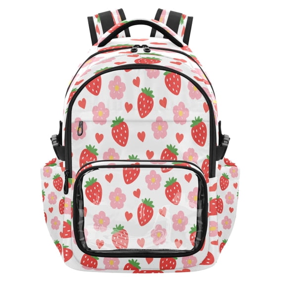 Qxltty Strawberry Flowers Backpack School Bookbag with Clear PVC Front Pocket, Laptop Compartment, Water Resistant Travel Daypack for Students
