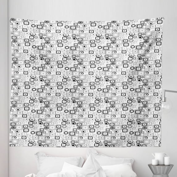 Abstract Tapestry, Monochrome Vintage Squares and Circles Geometrical Shapes Pattern Classical Retro, Fabric Wall Hanging Decor for Bedroom Living Room Dorm, 5 Sizes, Black White, by Ambesonne