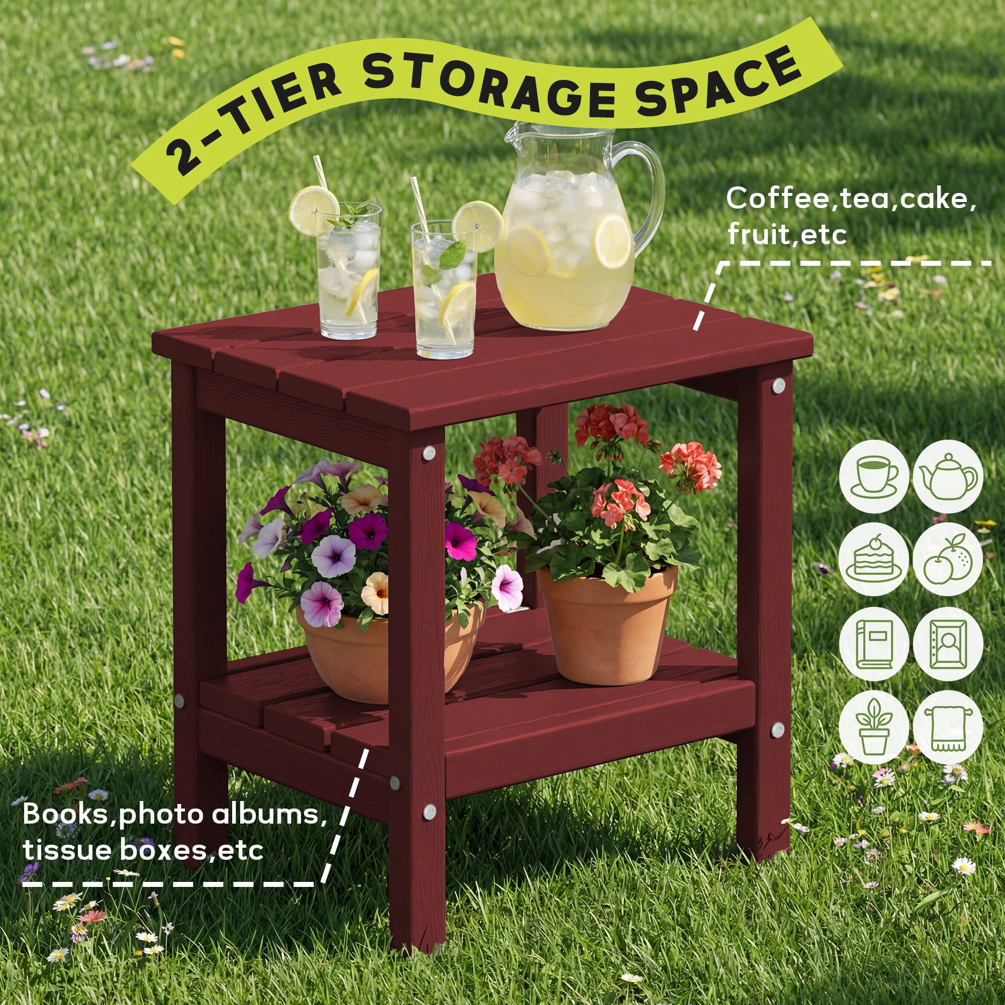 FUNDAZE HDPE 2-Layer End Table for Living Room, Outdoor Side Table, Patio Small End Table, Dark Red