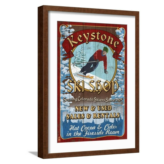Art.com Keystone, Colorado - Ski Shop Vintage Sign Art Print by Lantern Press, Brown Frame Wall Art, 17" x 23"