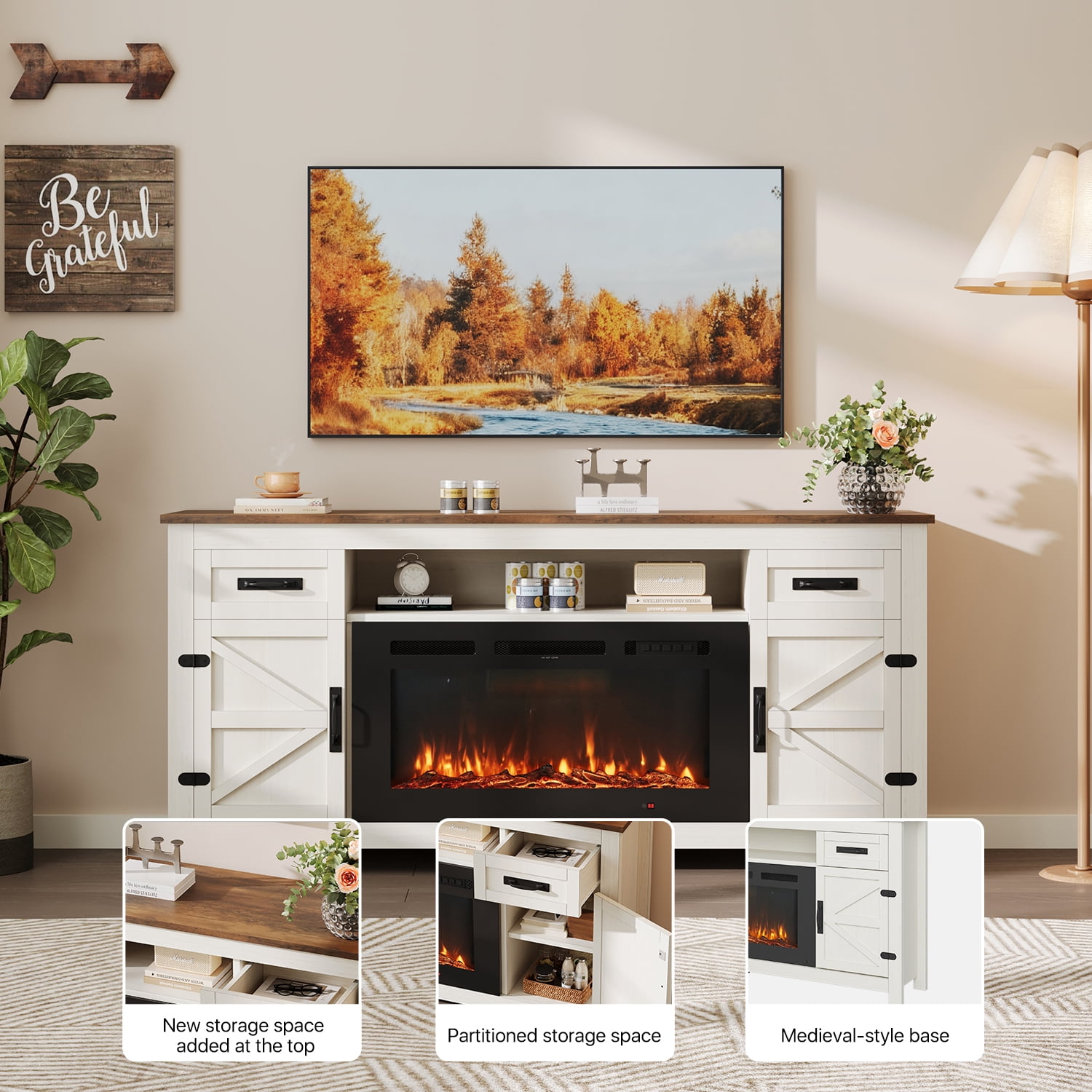 Sonegra 70" Fireplace TV Stand, Entertainment Center for TVs Up to 80”, TV Console with Storage Cabinets, Media Console for Living Room, White TV Stand and Black Fireplace