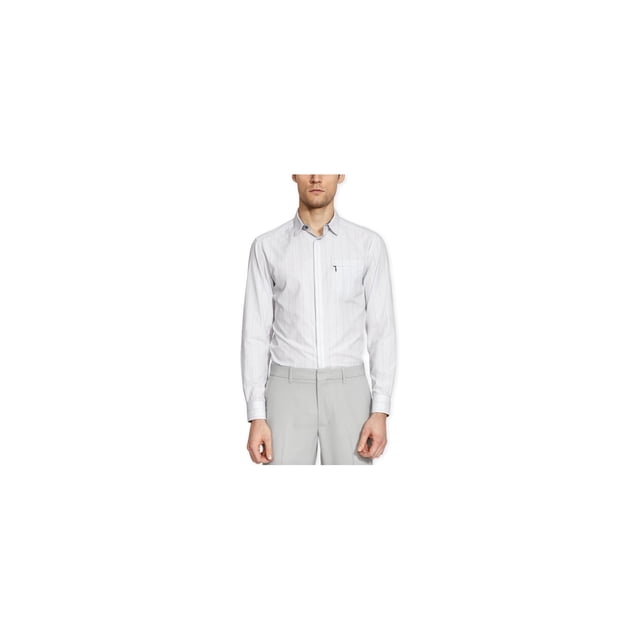Kenneth Cole Mens Super Slim Stripe LS Button Up Shirt, Grey, Small