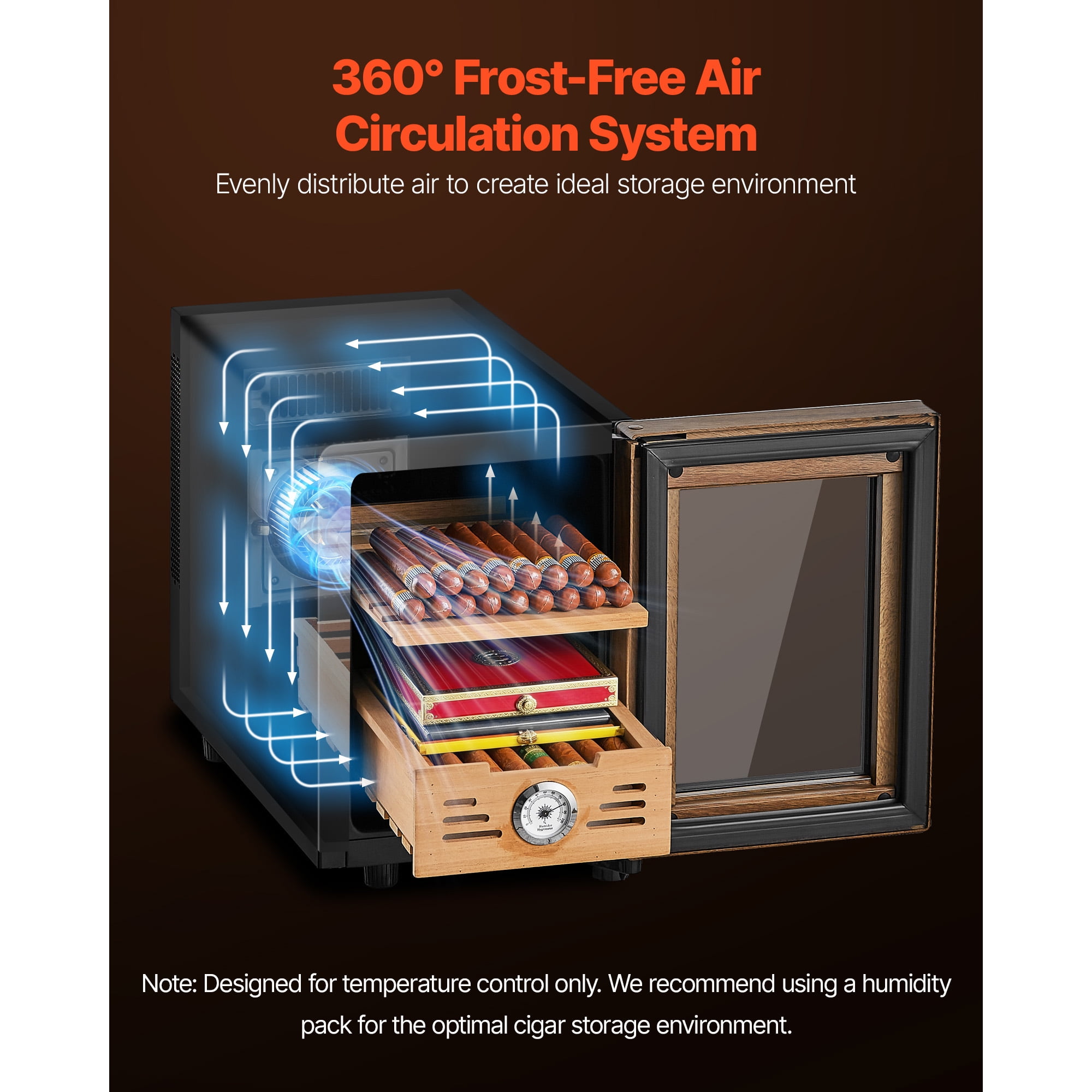 KFFKFF Electric Humidor Cabinet, 16L Capacity, Holds up to 100 Cigars, Features Cooling Temperature Control, Spanish Cedar Shelves and Drawers, Mechanical Hygrometer, Two-Tier Design