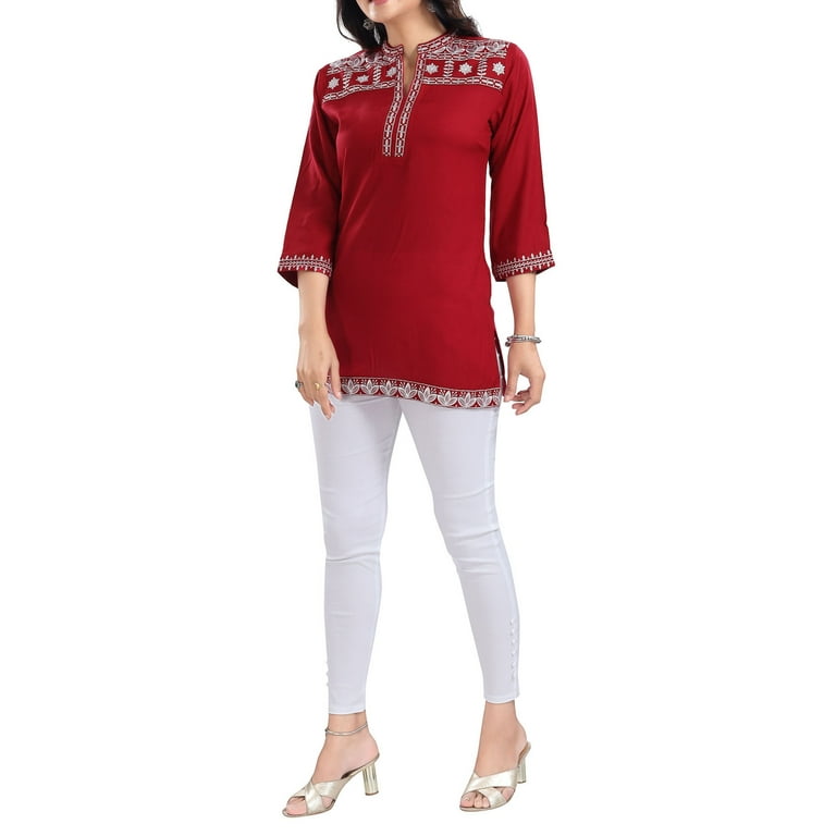 IshDeena Indian Kurtis for Women Indian Style Printed Embroidered Tunics  Womens Tops Kurta (Large, Red - 0622S1ID2) 