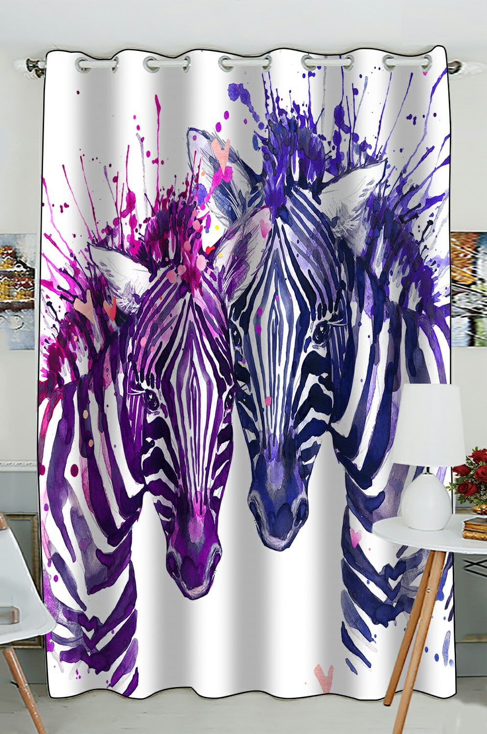 Phfzk Watercolor Zebra Window Curtain, Cute Love Zebras Window Curtain