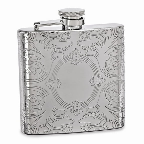 FB Jewels Silver-tone 6oz Oval Etched Design Flask