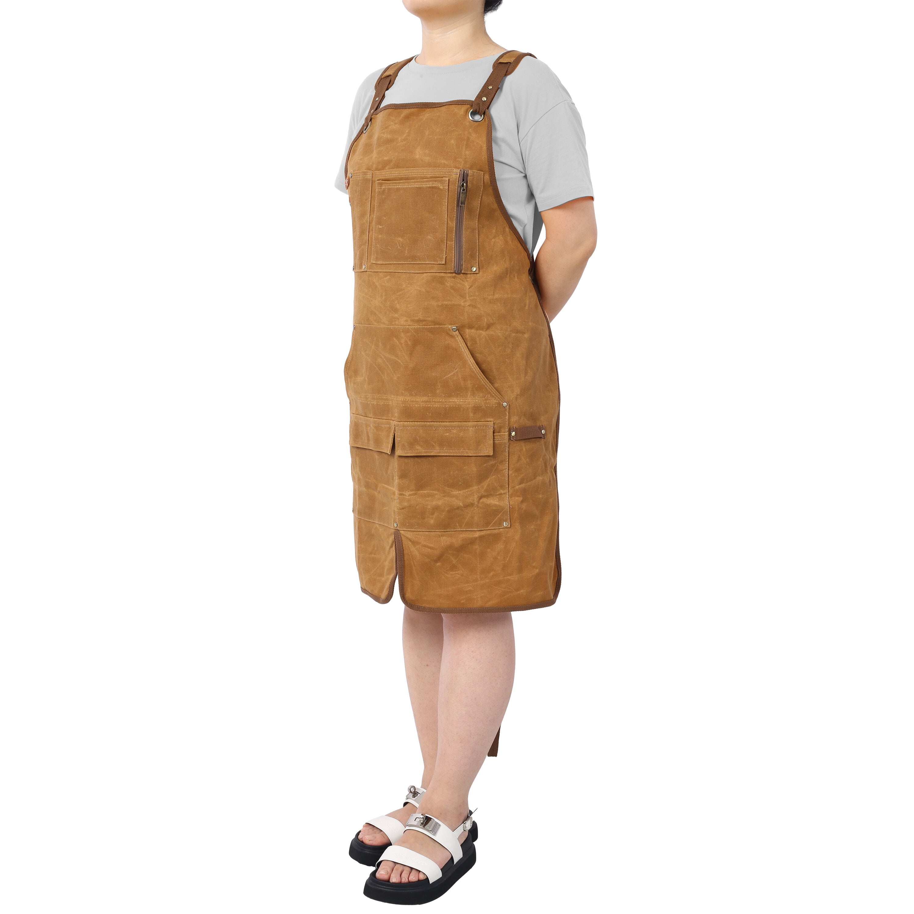 , Long Heavy Duty Waxed Canvas Tool Apron, Carpenter Aprons, Woodworking Aprons, Carpenters Water-Resistant 18 Oz ,Fully Adjustable to Comfortably Fit Men and Women, Brown ,Canvas ,