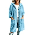 thumbnail image 2 of Zedker Long Hooded Fleece Cardigan for Women Button Front Drawstring Hood Patch Pockets Oversized Outerwear Sky Blue Jackets for Women, 2 of 9