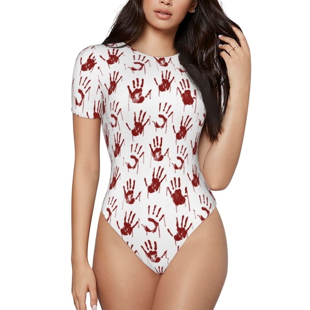 Balery Red Bloody Scary Hands2 Body de cuello redondo de manga corta para mujer Tops de manga corta Tops básicos-X-Large