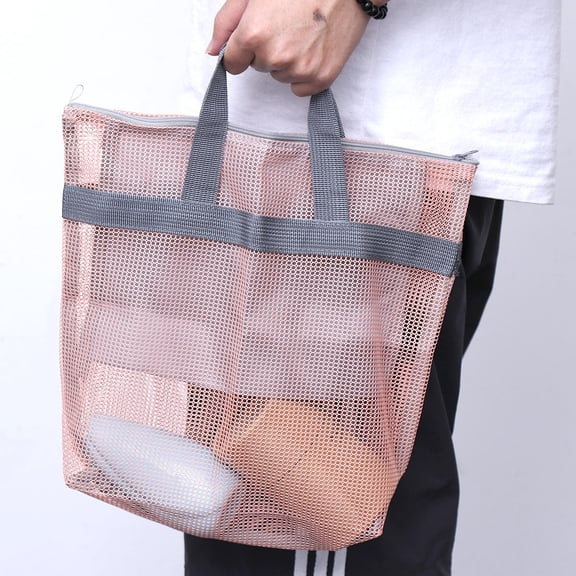 DRAFIDEEP Durable Pink Mesh Tote Bag with Waterproof Zippered Pocket Ideal for Beach and Picnic Storage 28.5x14.5x10.5