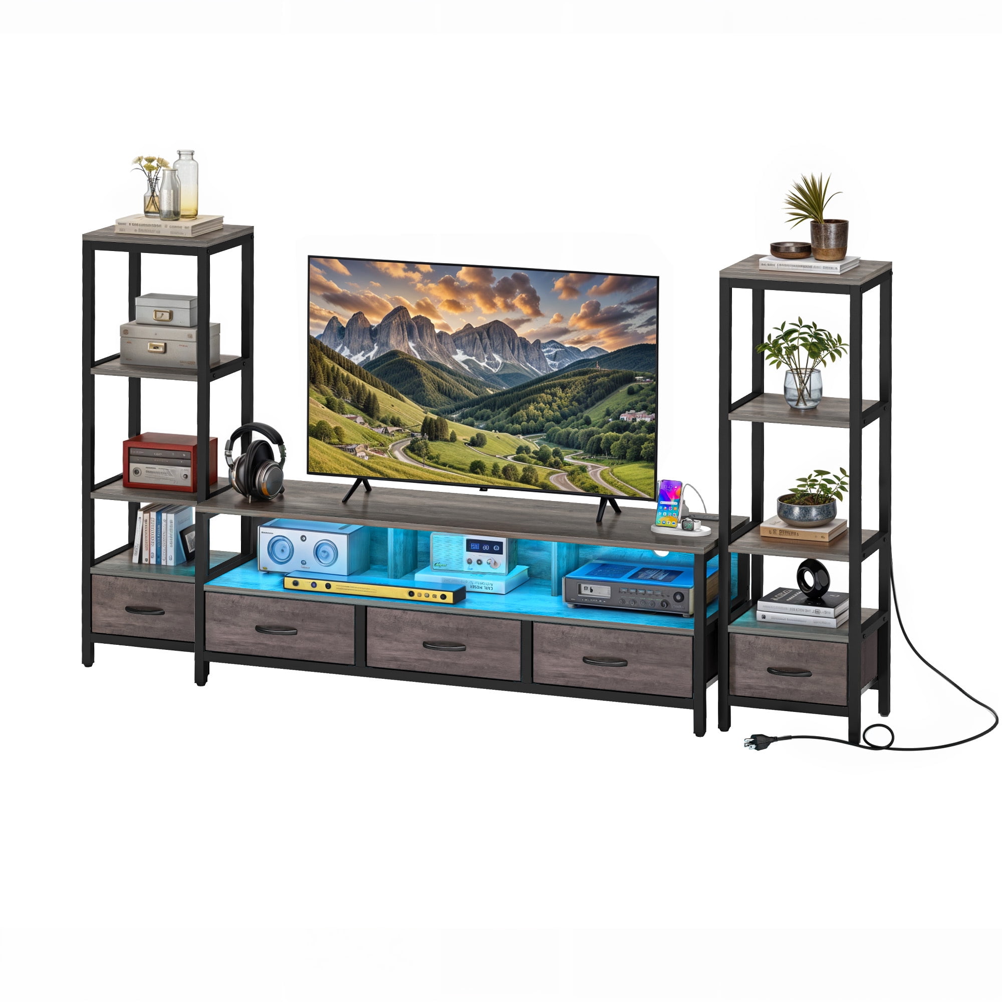 Uforic Modern Rustic Wood Metal Frame TV Stand with Remote Control LED Lights, USB Ports, Multi-Layer Storage Shelves & Fabric Drawers for Home Living Room, Gray