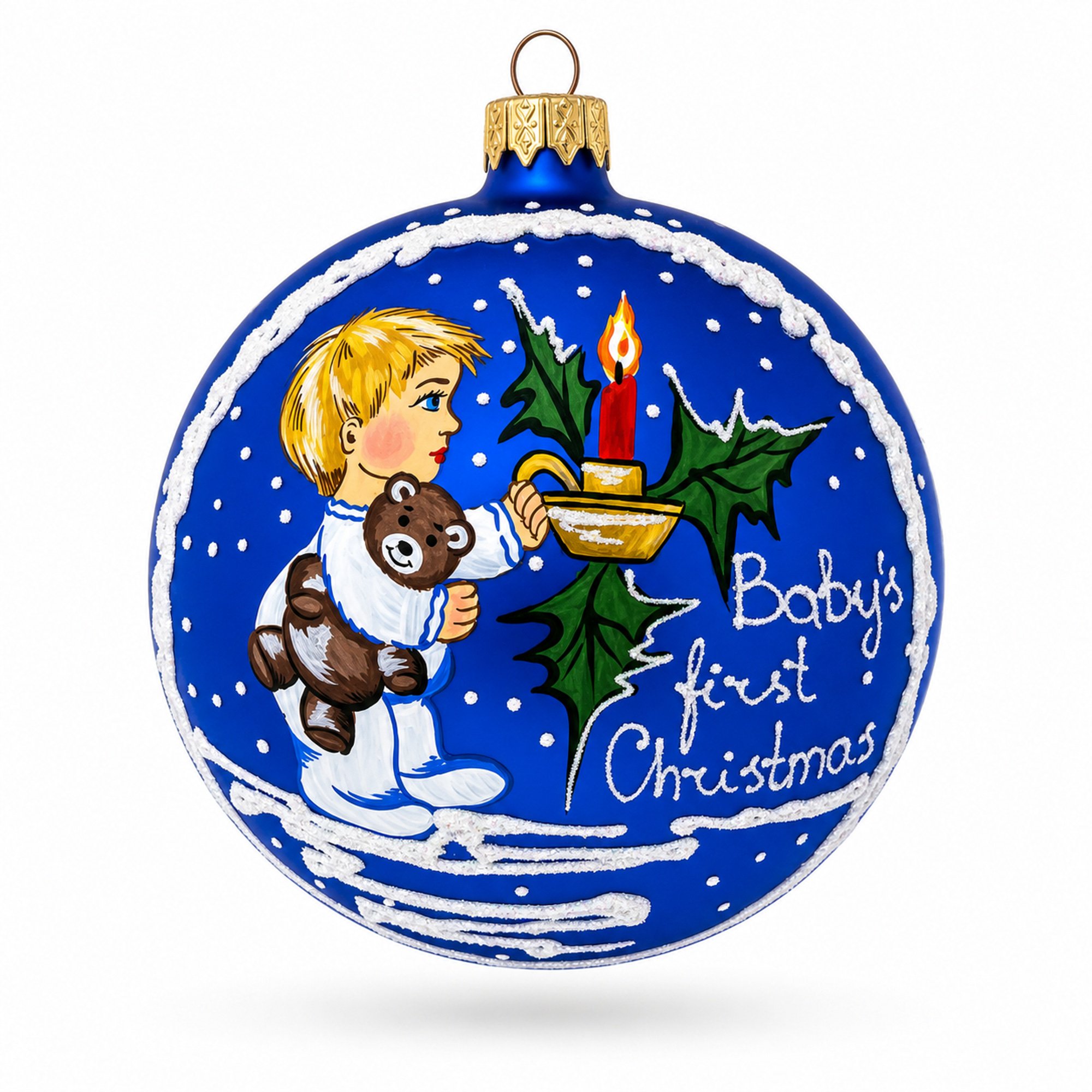 Boy Cuddling Teddy Bear Glass Ball Baby's First Christmas Ornament 4 Inches