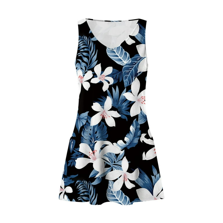 blue hawaiian print dresses Hoopla Blue Maxi Hawaiian Dress with Hibiscus Blooms main image 1