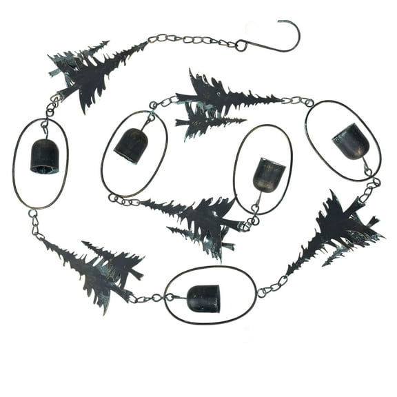 Things2Die4 70" Metal Rain Chain - Forest Trees & Zen Bells, Aged Verdigris, 3.25" Diameter - Black - Size 70 inch