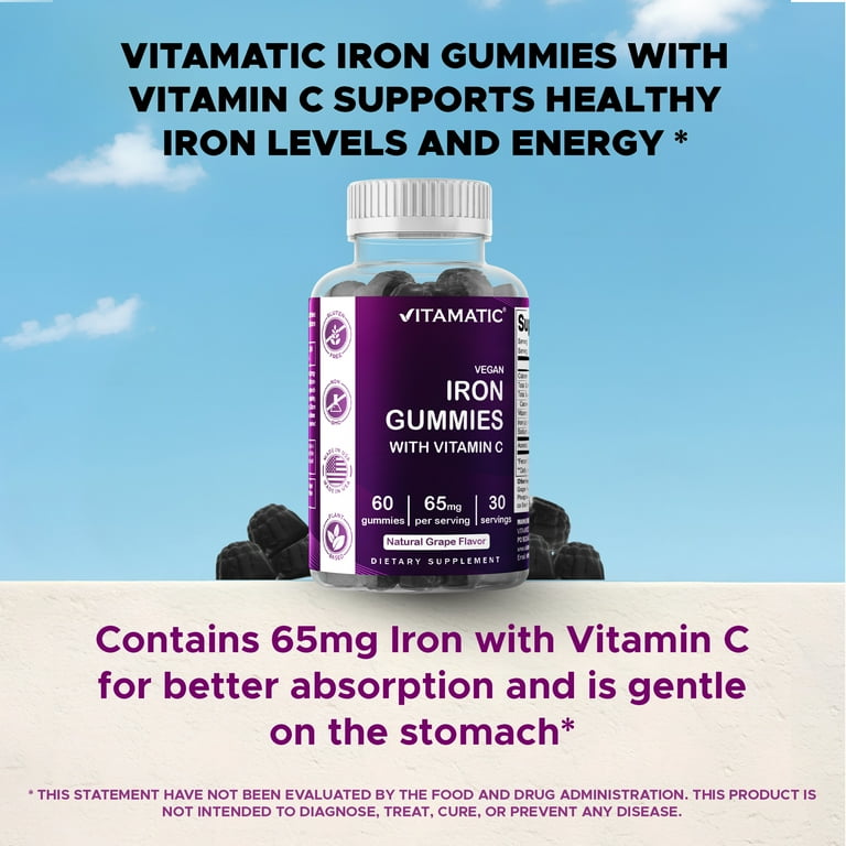 Vitamatic Iron Gummies 65 mg with Vitamin C Vegan Grape Flavor for