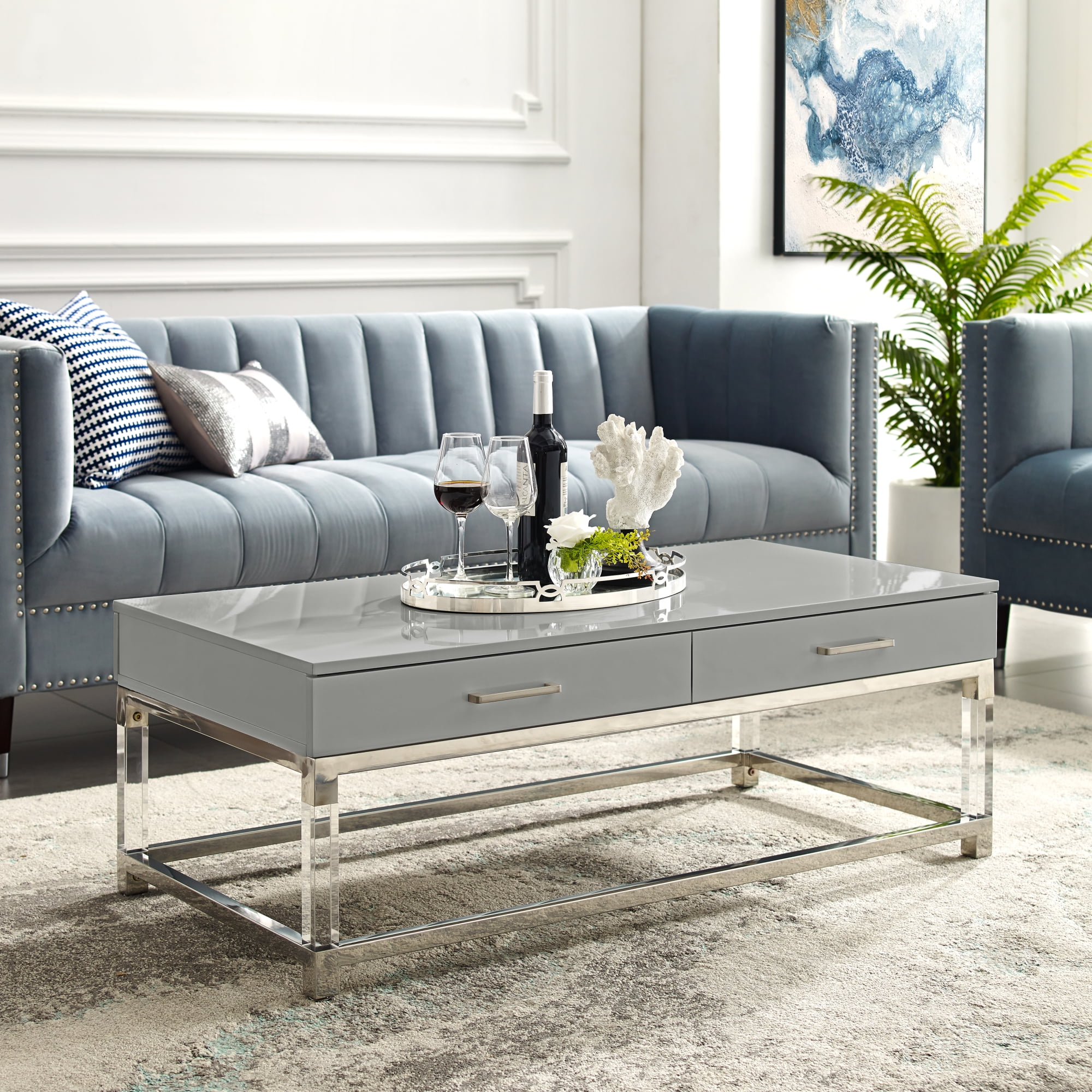 Alena Grey Coffee Table 2 Drawers High Gloss Acrylic Legs