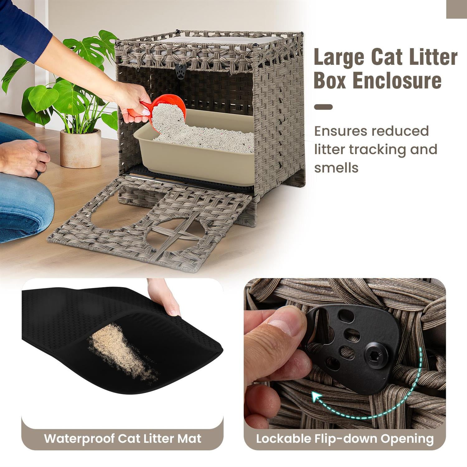 Pefilos Foldable 2-Tier Rattan Cat Litter Box Enclosure, Litter Mat & Top Perch, Tool-Free Assembly, Grey