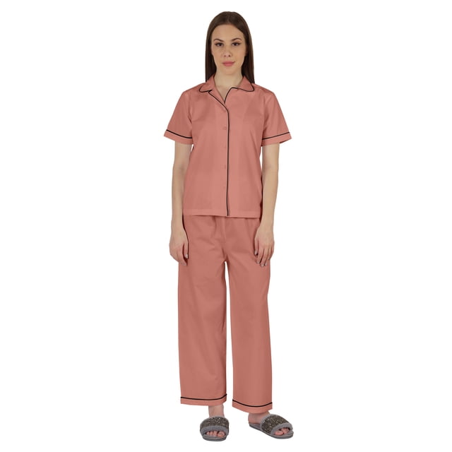 Inkmeso Ensemble de Pyjama en Coton pour Femmes, Manches Courtes Classiques, 2 Pcs, Chemise et Pyjama de Détente