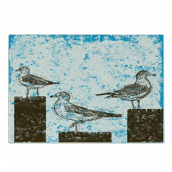 Seagulls Cutting Board, Gulls Resting on Wooden Pillars Grungy Sketched Print with Abstract Backdrop, Decorative Tempered Glass Cutting and Serving Board, Small Size, Blue White Brown, by Ambesonne