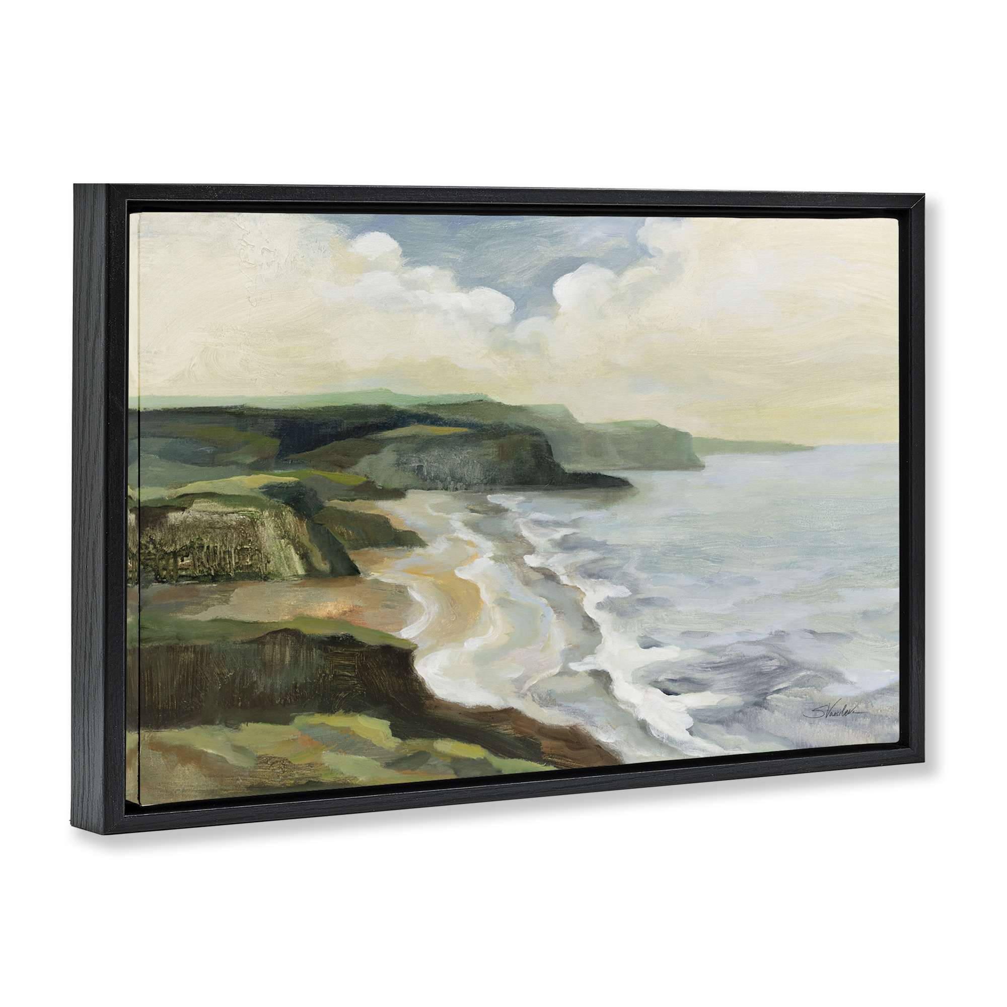 Stupell Industries Irish Coast Cliffs Landscape Painting Black Floater Framed Canvas Art Print Wall Art, 25 x 17