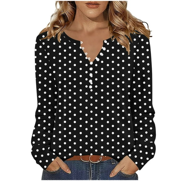 Rohuuque Women's Fall Long Sleeve Tops Button Down Henley V Neck Shirts Dressy Casual Loose Printed Trendy Blouses Black