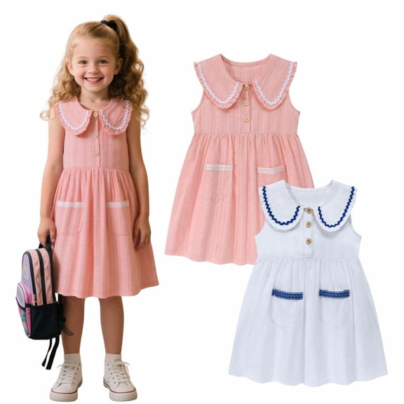 2-Pack Toddler Girls School Dresses, Sleeveless Peter Pan Collar Uniform Dresses for Back to School, White&Pink , 2T–7T