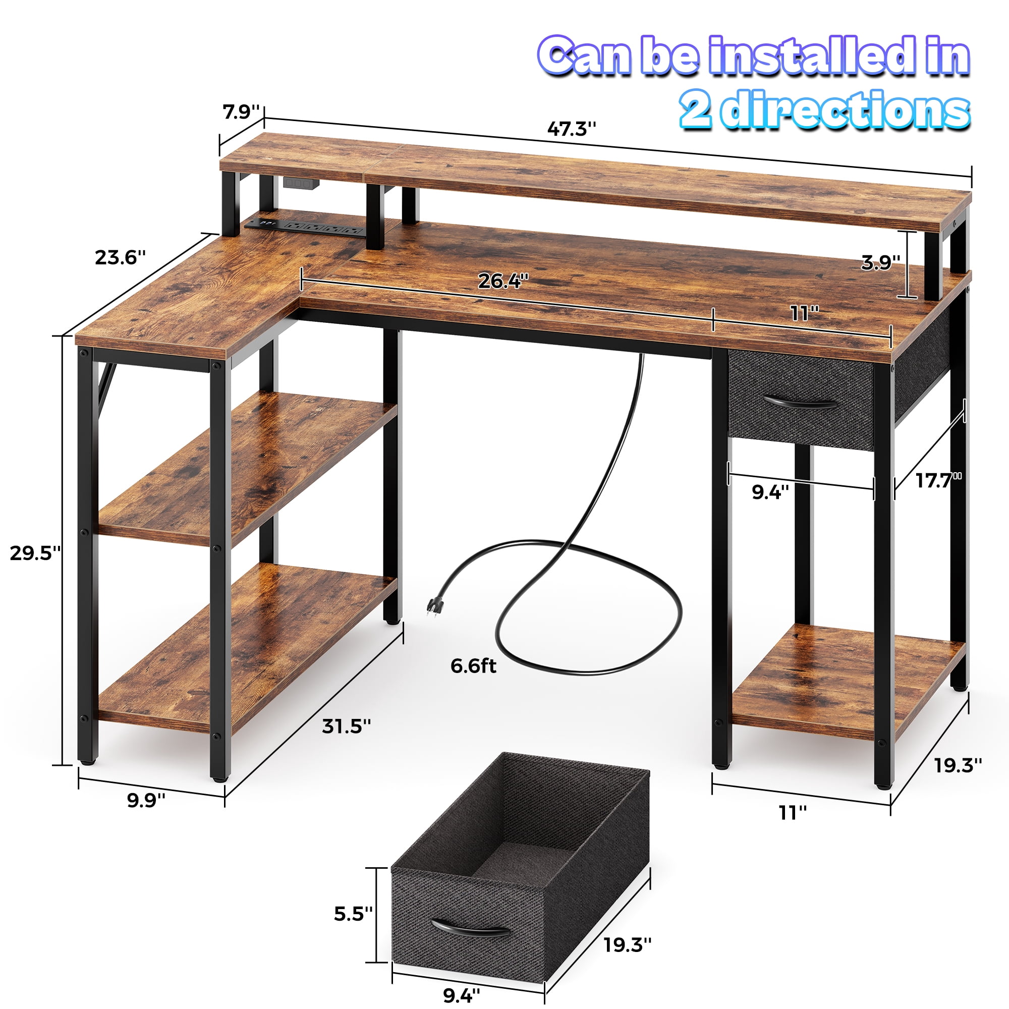 Amadwell 47 Inch L Shaped Desk with LED Strip, Corner Gaming Desk with Power Outlet, Drawer & Shelves