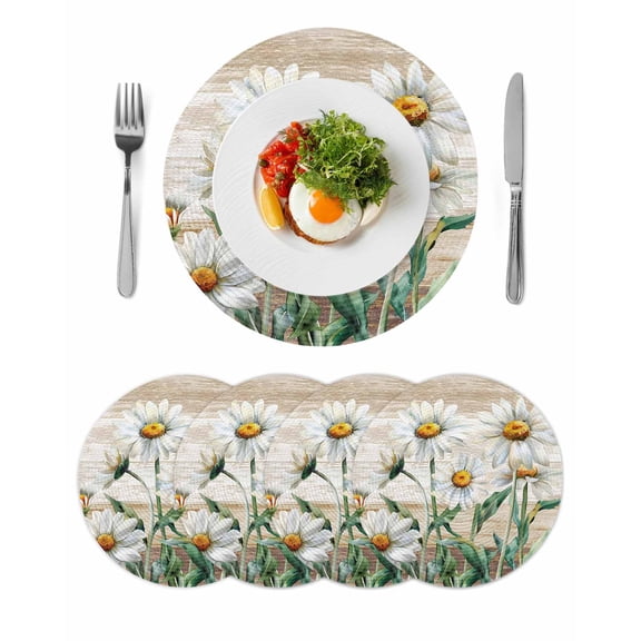 White Daisy Round 13 Inch Placemats Set of 4, Vintage Botanical Spring Floral Summer HeatResistant Non Slip Place Mats for Dining Table, Wipeable Braided Kitchen Table Mats for Housewarming
