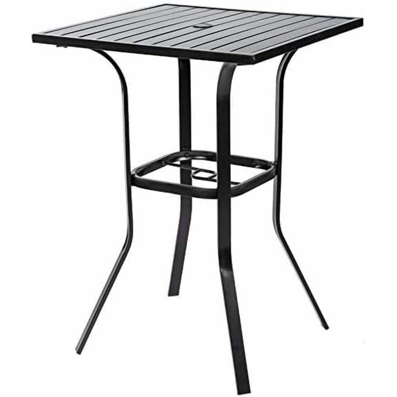 Patio Bar Table, Outdoor Bar Height Bistro Table with Umbrella Hole, Metal Frame and Slat Design (Black)$$Garden & Patio